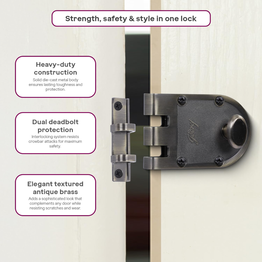 Godrej Rim Lock | Vertibolt Ultra Lock For Wooden Main Door | 1CK Deadbolt | 14 Pin Cylinder | For Inside Opening or Double Dooror Sliding Door | 4 Keys | 5 Yr Warranty | Manual Locking | Antique Brass